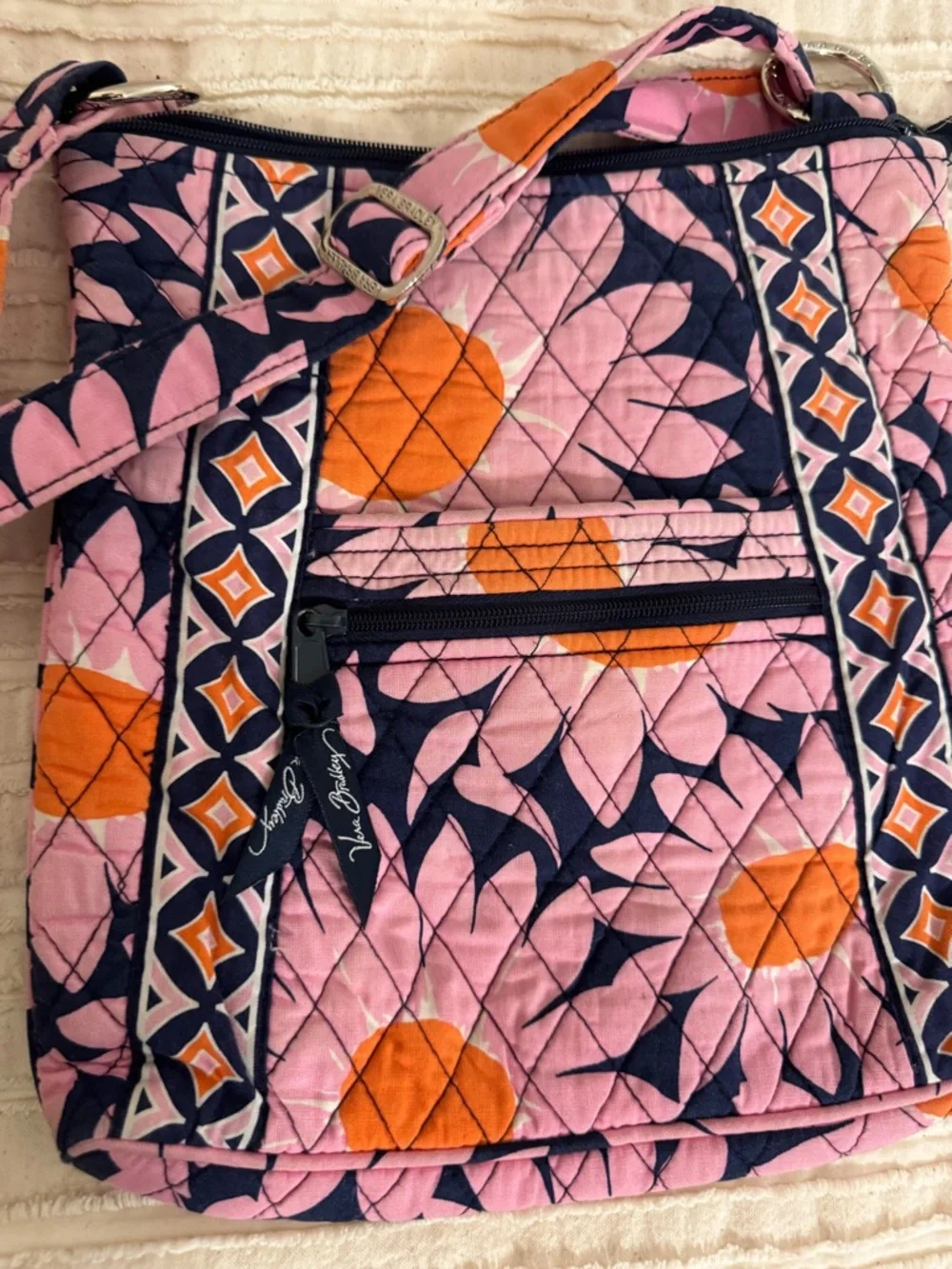 Vera Bradley Loves Me Pink Navy Orange Quilted Crossbody Bag Floral Pattern - Picture 3 of 7